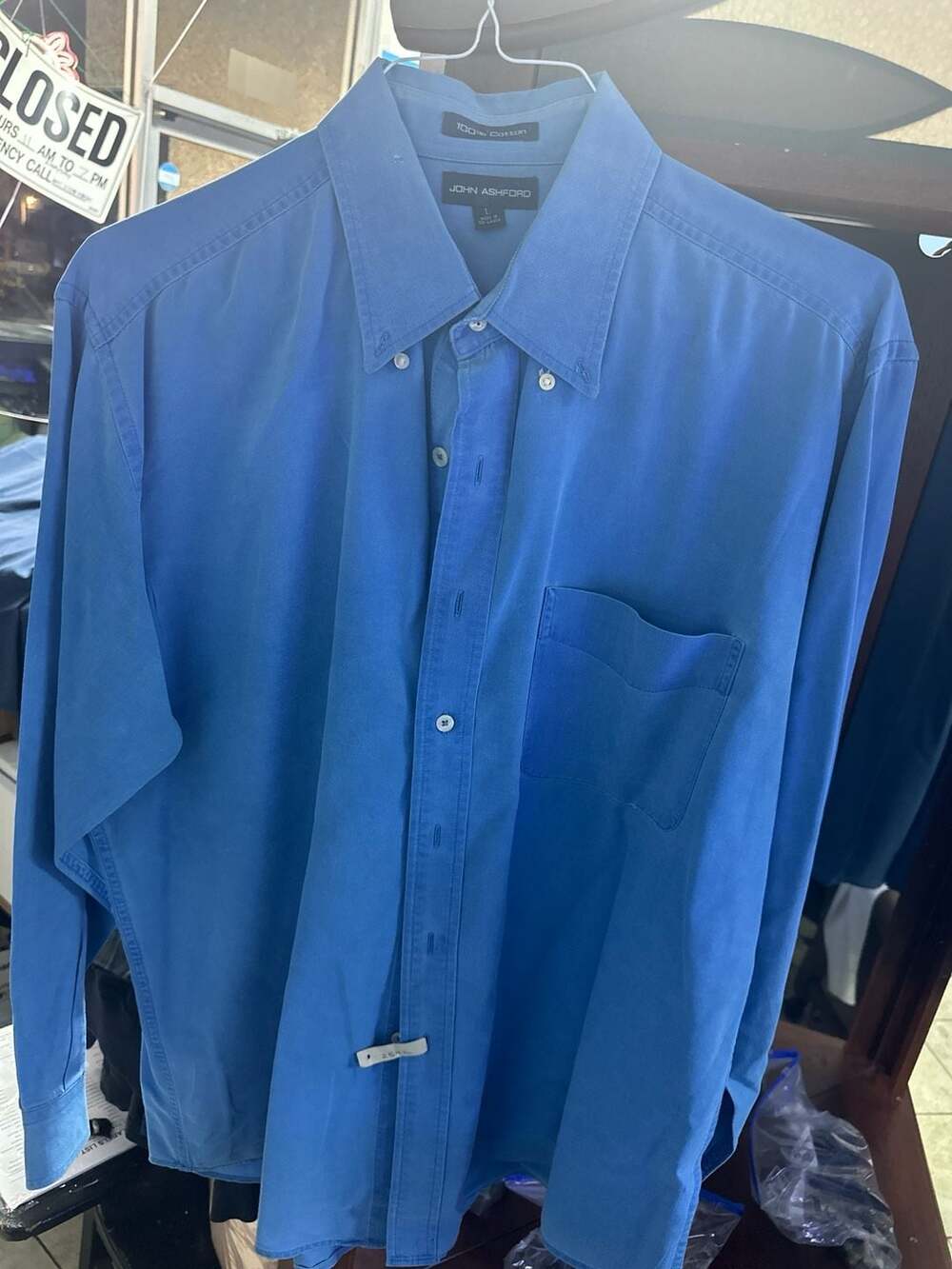 John Ashford Men's Blue Long Sleeve Button-Down 100% Cotton Shirt